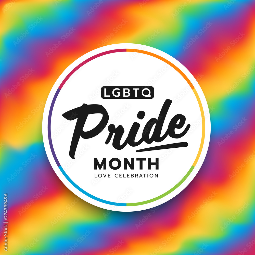 Poster lgbtq pride month circle banner text on abstract colorful rainbow blur background style vector desig