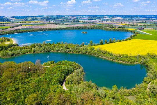 Lake Worther See, artificial lake near Worth an der Isar, drone shot, Lower Bavaria, Bavaria, Germany, Europe