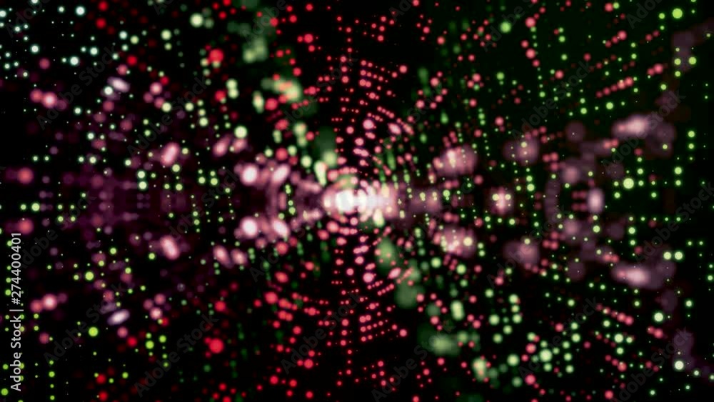 Poster red and green glitter moving texture, blinking sparkles and dots on black background, seamless loop.