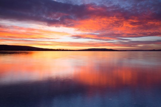 Sunset over Lake Constance, view from Hegne, evening light, Baden-Wurttemberg, Germany, Europe