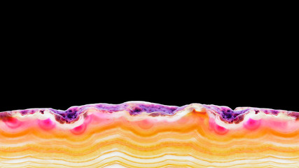 Red orange agate slice striped mineral isolated on black, abstract background