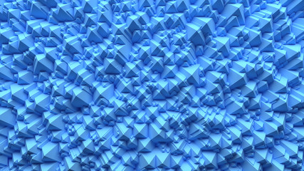 Abstract pattern of randomly scattered pyramids of blue color, 3d illustration