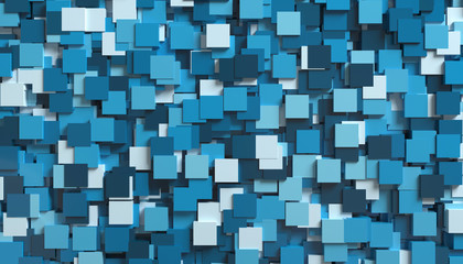 abstract background of randomly scattered cubes of blue shades, 3d illustration