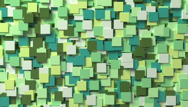 abstract background of randomly scattered cubes of green shades, 3d illustration