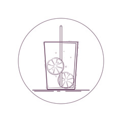 Vector icon of lemonade with lemon slices in a glass with straw. Line icon in circle. Isolated on white background.