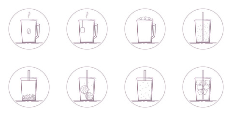 Vector set of beverage icons. Hot and cold drinks: coffee, tea, marshmallow cocoa, hot chocolate, bubble tea, lemonade, sparkling water, smoothie. Line icon in circle. Isolated on white background.