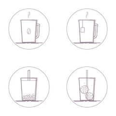 Vector set of beverage icons. Hot and cold drinks: coffee, tea in a mug, bubble tea, lemonade in a glass. Line icon in circle. Isolated on white background.