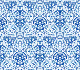 Blue kaleidoscope seamless pattern. Geometric abstraction on white background. Useful as design element for texture and artistic compositions.
