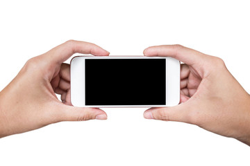 Woman hand holding smart phone with blank screen isolated on white
