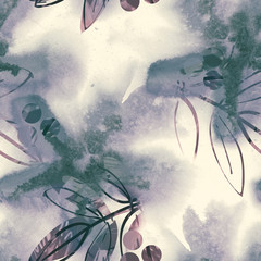 Floral Seamless Pattern. Watercolor Background with Berries.