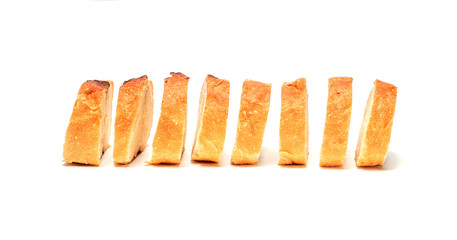 Sliced baguette bread, Baguette bread, French bread, Organic baguette francese on white background, Top view