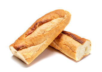 Baguette cut in half. Baguette bread. French bread. Organic baguette francese on white background