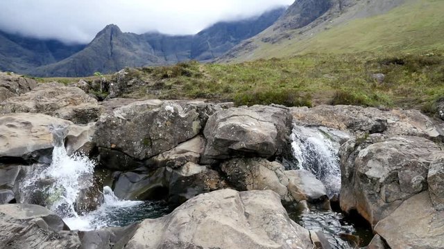 Isle of Skye, Fairy pools waterfall, touristic highlight in Scotland, Europe