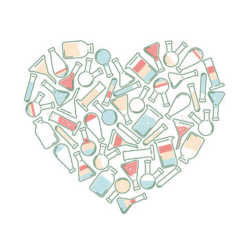 Vector heart shape isolated background of chemistry with colorful test tubes and flasks for laboratory