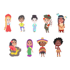 Set of different national country kids in colorful clothes