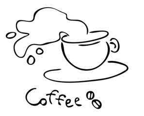 Coffee cup. Stylized drawing and text
