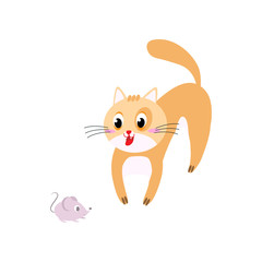 Cute orange cat is looking to play with home mouse