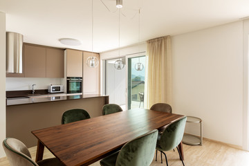 Modern living room with wood table, velvet chair and large sofa