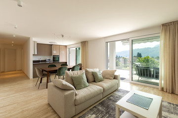 Modern living room with wood table, velvet chair and large sofa