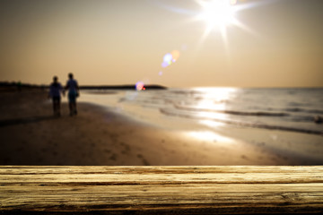 Desk of free space and summer beach landscape. 