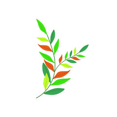 Vector illustration of beautiful, colorful tree branch with leaves. Minimalistic illustration. White background. 