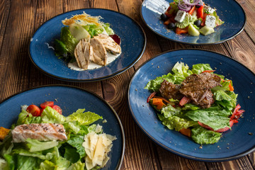 The tasty salads on a table.