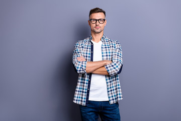 Close up photo intelligent he him his guy arms crossed cool reliable manager not smile...