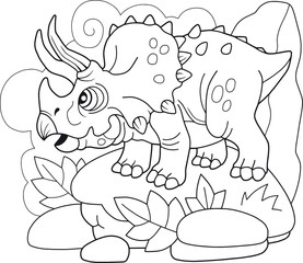 cartoon prehistoric dinosaur Triceratops, coloring book, funny illustration