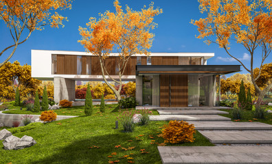 3d rendering of modern cozy house on the hill with garage and pool for sale or rent with beautiful landscaping on background. Clear sunny autumn day with golden leafs anywhere