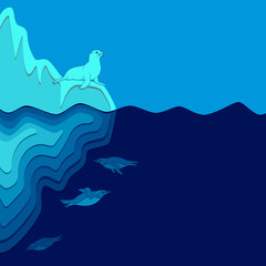 Illustration with iceberg, fur seal and penguins. Vector colored background with place for text.