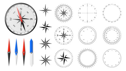 Navigational compass with set of additional dial faces, wind roses and directional needles. - obrazy, fototapety, plakaty