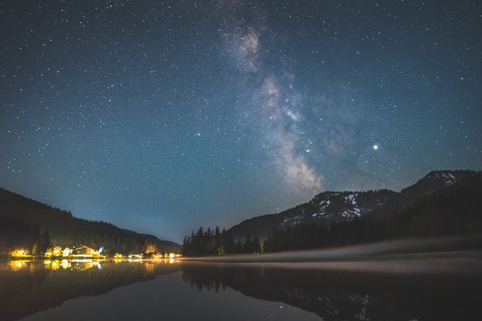 Milky way over lake Spitzingsee in the bavarian alps