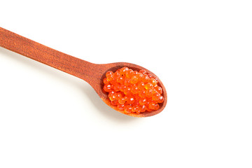 Spoon with red caviar isolated on white background, top view