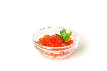 Glass jar with caviar isolated on white background