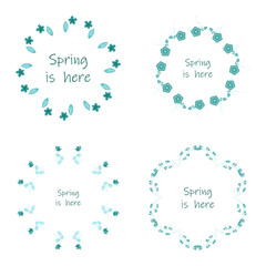 Vector floral set.Colorful purple floral collection with leaves and flowers,drawing watercolor. Spring is here text