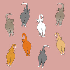 Rear view of funny cartoon cats on pink background, animals concept. Art. White, grey, brown kitties with their tails up in the air