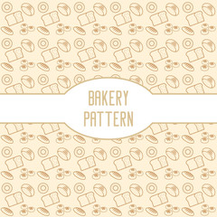 Pattern of bread and bakery products. Baked food goods background. Vector illustration.