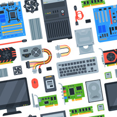 Computer accessories vector pc equipment motherboard memory and keyboard illustration computing set isolated on white background
