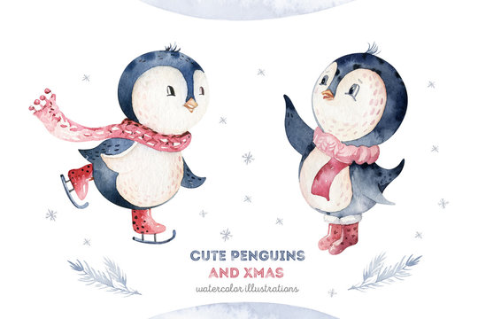 Watercolor merry christmas character penguin illustration. Winter cartoon isolated cute funny animal design card. Snow holiday season xmas penguins.