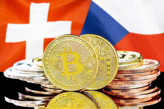 Concept for investors in cryptocurrency and Blockchain technology in the Switzerland and Czech Republic. Bitcoins on the background of the flag Switzerland and Czech Republic.
