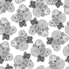 Black and white flower bouquet seamless vector pattern background