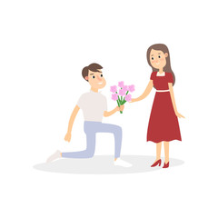 Young students romantic couple, boy gives flower bouquet