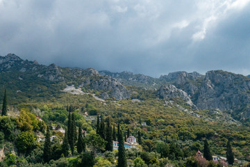 Obraz premium Greece, april 2019, Holy Mountain Athos – different views of monasteries exteriors
