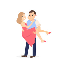 Man picked up his wife in long red dress, romantic