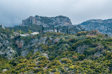 Fototapeta premium Greece, april 2019, Holy Mountain Athos – different views of monasteries exteriors