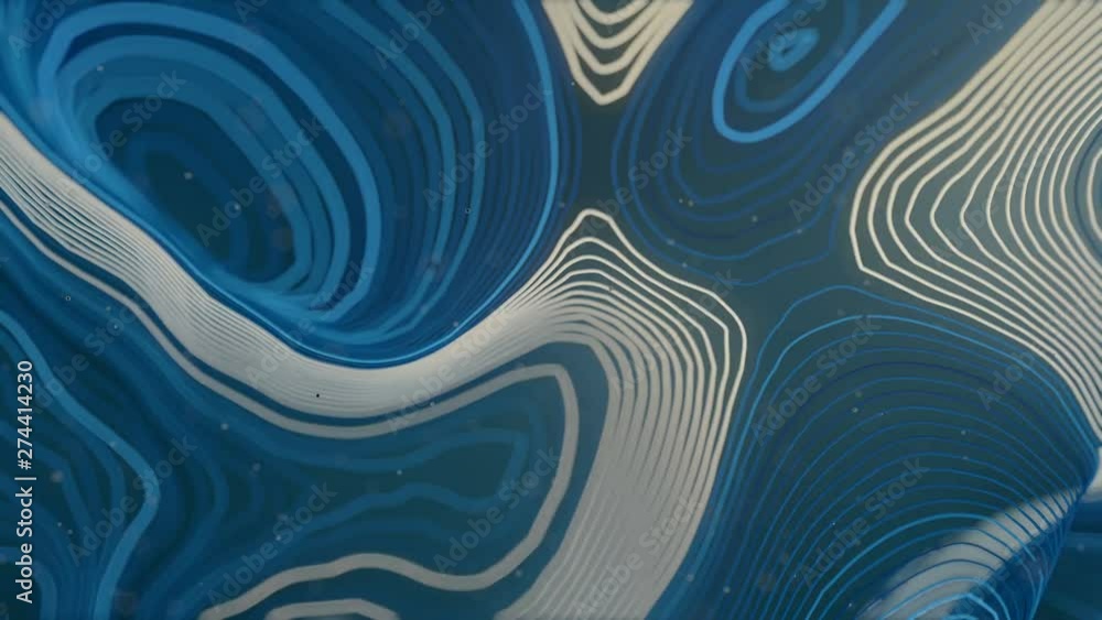 Aufkleber Blue colored abstract background with bright particles. Deformed wavy wires with motion glowing elements. Depth of field. 3D render loop animation. 4K, Ultra HD resolution.