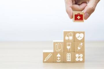 Medical and Health in Wooden Block Concept.