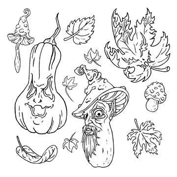 Jack O Lantern Halloween set. Nature. Hand drawn vector illustrations. Use it as is or change white to any color