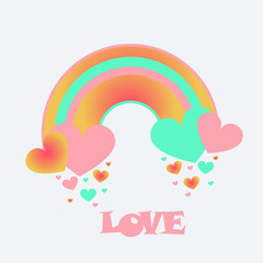 Abstract spring vector background. Raining hearts cloud and rainbow on blue background. Spring word isolated on cloud icon shape. For greeting cards,invitations, wallpaper. Modern art decoration.