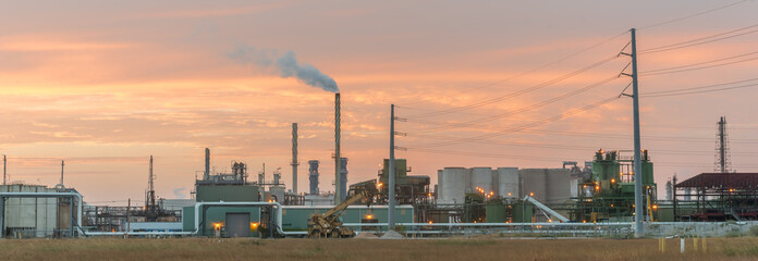 Panorama view petroleum refineries or chemical plants at sunrise in Texas, USA